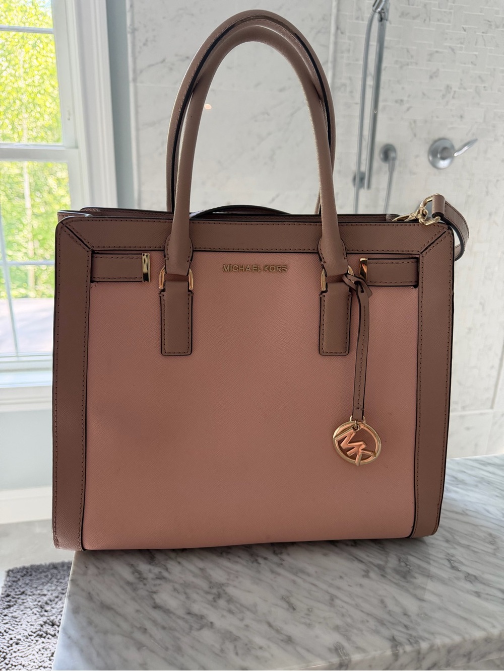 Michael Kors Rose Pink Saffiano Satchel with Gold Hardware